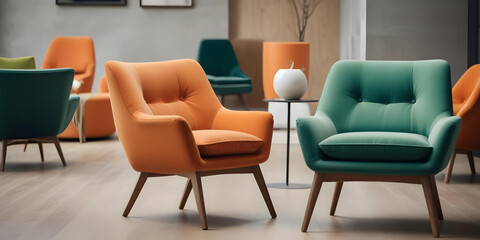 Bright orange and green armchairs in a contemporary lounge setting, featuring mid-century modern design and neutral tones for decor.
