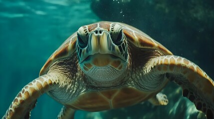 Fototapeta premium Close-up of large turtle gracefully swimming underwater picture