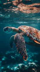 Fototapeta premium Close-up of turtle navigating through crystal-clear water image