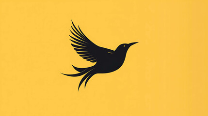 Fototapeta premium A minimalist black bird silhouette flying against a yellow background.