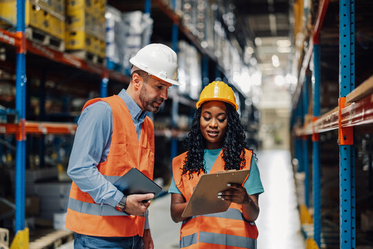 Diverse employees inspects inventory with focus amidst stock shelves.