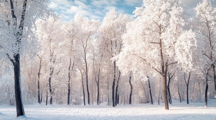 Obraz premium Snow-covered trees stand tall in a Moscow city park, creating a serene winter wonderland.