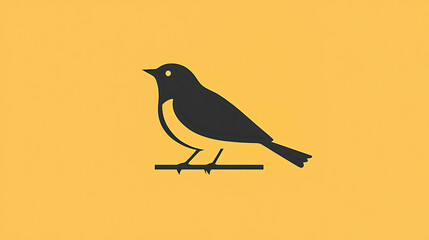 A simple silhouette of a bird perched on a branch,  set against a bright yellow background.