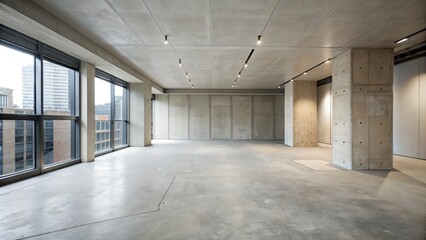 Obraz premium Spacious empty room with concrete floors and large windows.