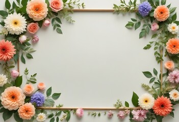 Dried flowers and leaves arranged in a frame on a light background