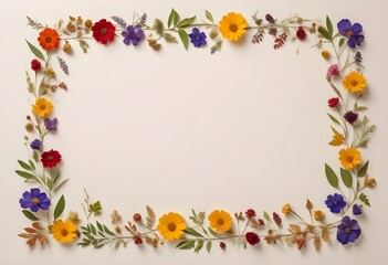Fototapeta premium Dried flowers and leaves arranged in a frame on a light background