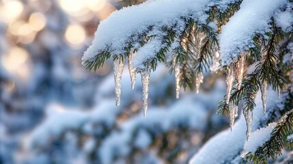 Snow-covered fir tree branches glisten with icicles in the morning winter forest. Signs of spring are in the air.