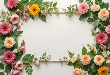 Dried flowers and leaves arranged in a frame on a light background