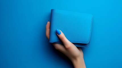 Female hand with bright blue manicure holding blue wallet on blue background.