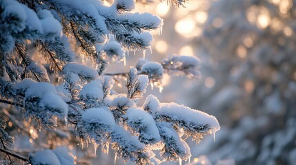 Snow-covered fir tree branches glisten with icicles in the morning winter forest. Signs of spring are in the air.