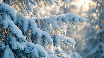Snow-covered fir tree branches glisten with icicles in the morning winter forest. Signs of spring are in the air.