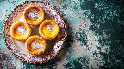 Obraz premium Golden-brown Pasteis de Nata with a crisp, flaky crust and a creamy custard filling, dusted with a touch of cinnamon and powdered sugar, arranged on a decorative plate