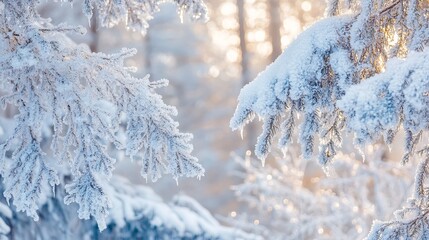 Snow-covered fir tree branches glisten with icicles in the morning winter forest. Signs of spring are in the air.