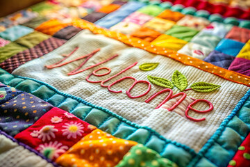 A colorful quilt with a welcome sign embroidered on it. The quilt is made up of many different colored squares and has a cheerful, welcoming vibe