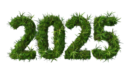 A vibrant 3D illustration of a green grass landscape, featuring eco-friendly symbols and text elements like 2025 and percent, representing the essence of nature and spring with clipping path