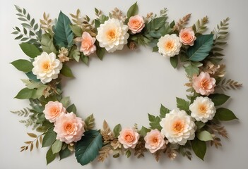 Dried flowers and leaves arranged in a frame on a light background