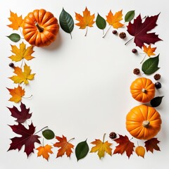 Obraz premium A festive autumn arrangement with pumpkins and colorful leaves.