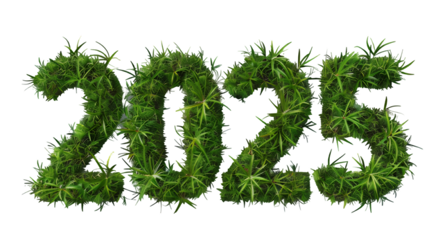 A vibrant 3D illustration of a green grass landscape, featuring eco-friendly symbols and text elements like 2025 and percent, representing the essence of nature and spring with clipping path