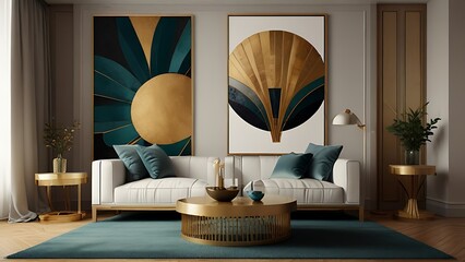 Art deco interior design of modern living room, home. Golden round coffee table near white sofa with teal pillows against wall with poster.Living room in art deco style