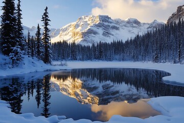 Snowy mountain peak reflected in frozen lake during sunrise