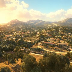 Aerial view of a small village nestled in a valley, surrounded by lush green trees and rolling hills.