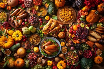Fototapeta premium A table overflowing with an abundance of Thanksgiving food, including roasted turkeys, pumpkins, and seasonal fruit.