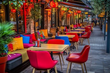 Fototapeta premium A vibrant outdoor cafe with colorful chairs and pillows creates a welcoming atmosphere.