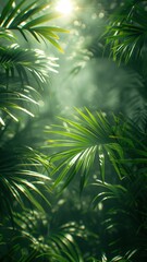 Obraz premium Lush green foliage with sunbeams filtering through the leaves, creating a dreamy and ethereal atmosphere.