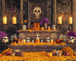 Obraz premium An altar decorated with skulls, flowers, and candles for Día de Muertos, the Day of the Dead.