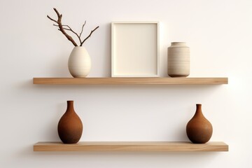 Wooden floating shelf displaying stylish vases and blank frame for modern home decor enhancement in a minimalist setting