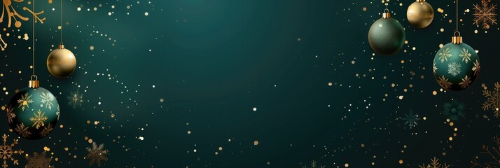 Dark teal background with hanging ornaments and snowflakes, creating an elegant Christmas banner design