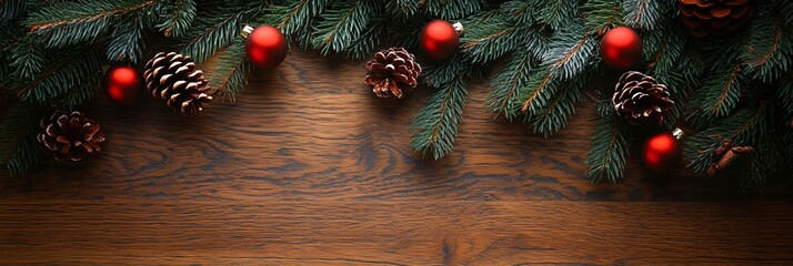 a wooden table topped with pine cones and ornaments on top of it
