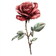 A beautiful red rose with delicate petals and green leaves, symbolizing love and passion, perfect for romantic occasions, white background