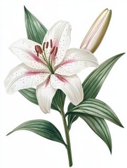 Obraz premium A beautiful white lily flower with delicate pink accents and lush green leaves, symbolizing purity and elegance in nature, white background
