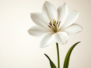 Fototapeta premium A beautiful white lily flower with delicate petals and green leaves, symbolizing purity and elegance in a soft background.