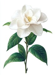 Naklejka premium A beautiful white magnolia flower with lush green leaves, symbolizing purity and elegance in nature, white background