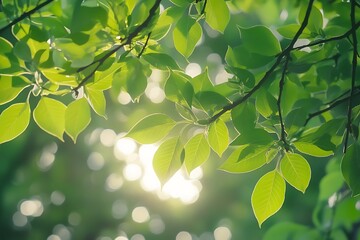 Sunlight shining through lush green leaves in a forest canopy