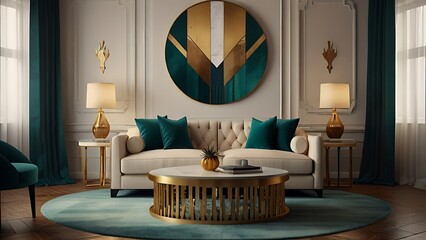 Art deco interior design of modern living room, home. Golden round coffee table near white sofa with teal pillows against wall with poster.Living room in art deco style