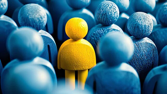 Yellow figure standing out among blue crowd, symbolizing individuality, uniqueness, leadership, and personal identity in a group.

