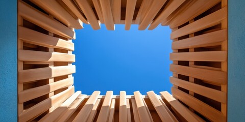 Wooden slat ceiling with blue sky view