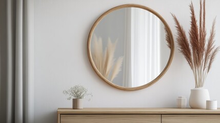 Fototapeta premium A round wooden-framed mirror hanging above a dresser reflects natural light, enhancing the cozy atmosphere of the room while adding an elegant touch to the decor