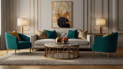 Art deco interior design of modern living room, home. Golden round coffee table near white sofa with teal pillows against wall with poster.Living room in art deco style