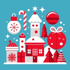 christmas icons set , Noel elements set , Red color and white snow.