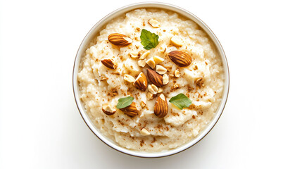 Rich, creamy Rabri in a white bowl, with nuts garnished on top