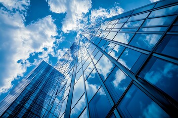 Obraz premium Modern glass skyscraper reflecting clouds and sky. Architecture, urban, cityscape, business, success, ambition