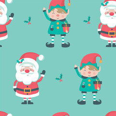 Christmas cartoon seamless pattern with Santa and elves on blue background. 