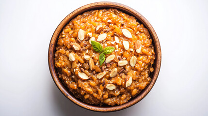Rich, golden Moong Dal Ka Halwa garnished with almonds and cardamom, served in a traditional bowl