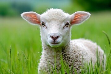 Obraz premium Adorable White Lamb in Green Grass, Portrait of a Sheep, Cute Animal Photography