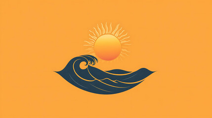 A simple design of a wave cresting under a sun in a light orange background.