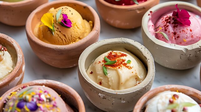 Stoneware dishes filled with kulfi frozen treats
